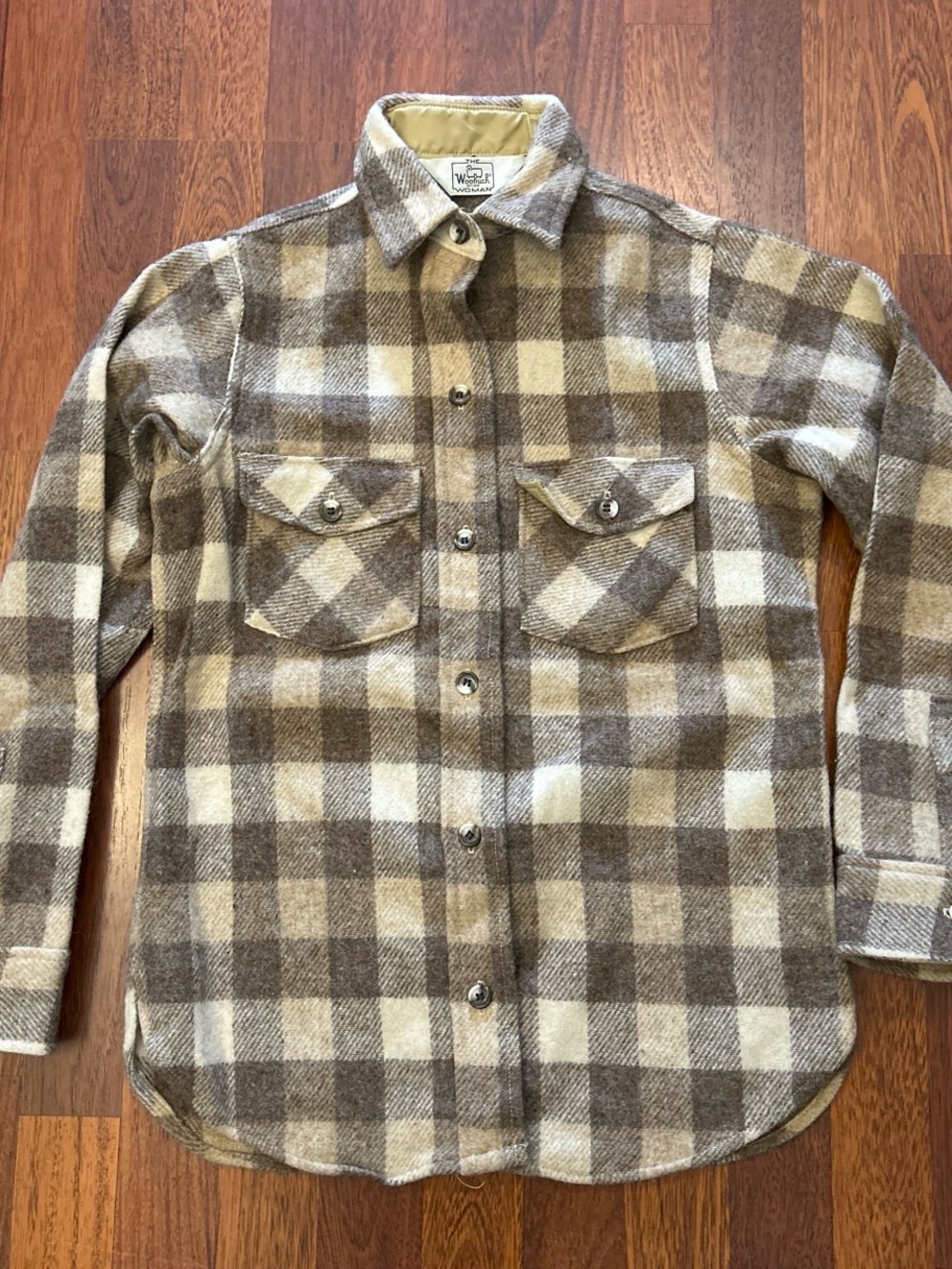 Woolrich Woman Vintage Wool Plaid Brown Flannel Shirt Shacket Size 8